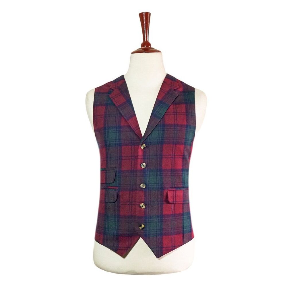 Mens 46R Plaid Wool Waistcoat Red Navy Green Tartan Vest Classic Formal Wedding